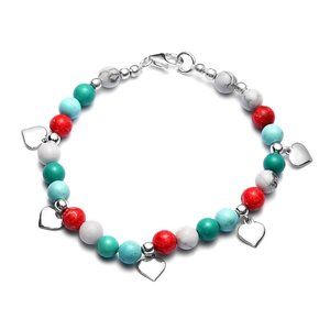 Heart, Blue, Green, Red & White Howlite Bracelet in 925 Sterling Silver